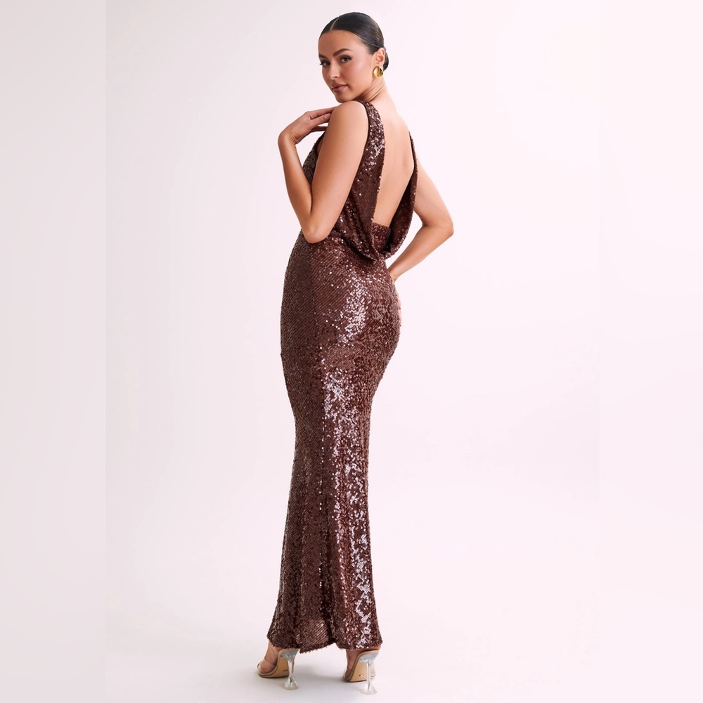 Meshki Madera Backless Sequin Maxi Dress in Chocolate XS